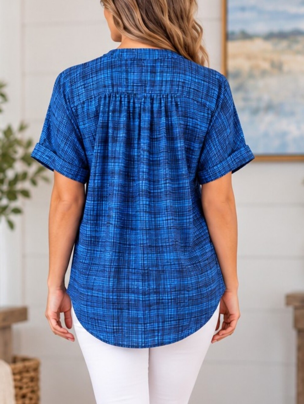 Worthington Petite Blue & Black Plaid Short-Sleeve Top – Petite Small - Picture 2 of 10